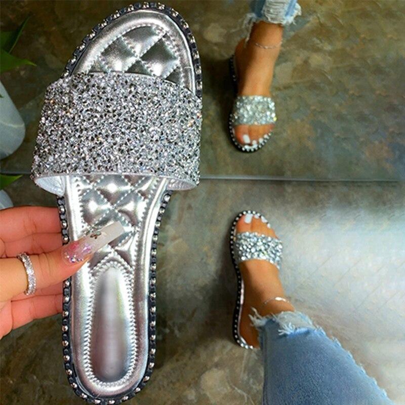 Crystal Women Slippers Bling Bling Flats Female Beach Shoes Summer - VirtuousWares:Global
