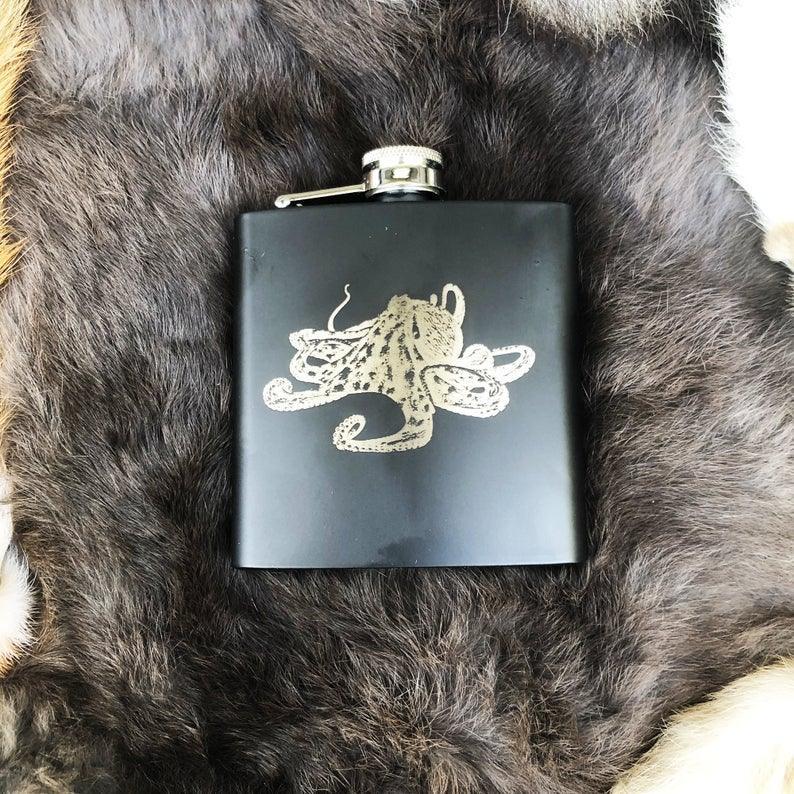 Custom Kraken / Octopus Design Mat Black Flask 8oz Stainless Steel - VirtuousWares:Global