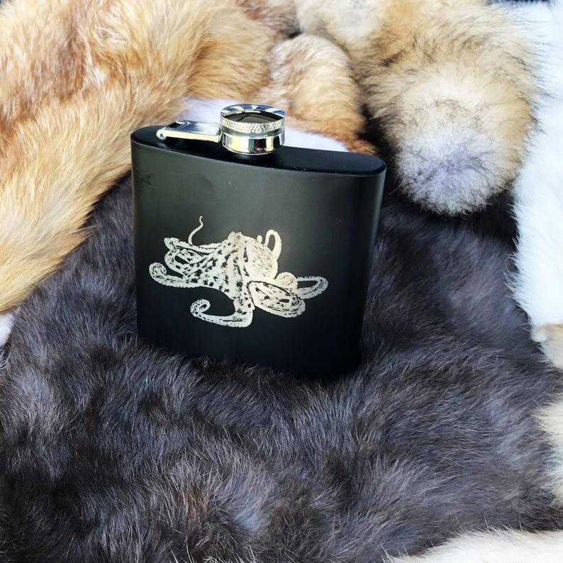 Custom Kraken / Octopus Design Mat Black Flask 8oz Stainless Steel - VirtuousWares:Global