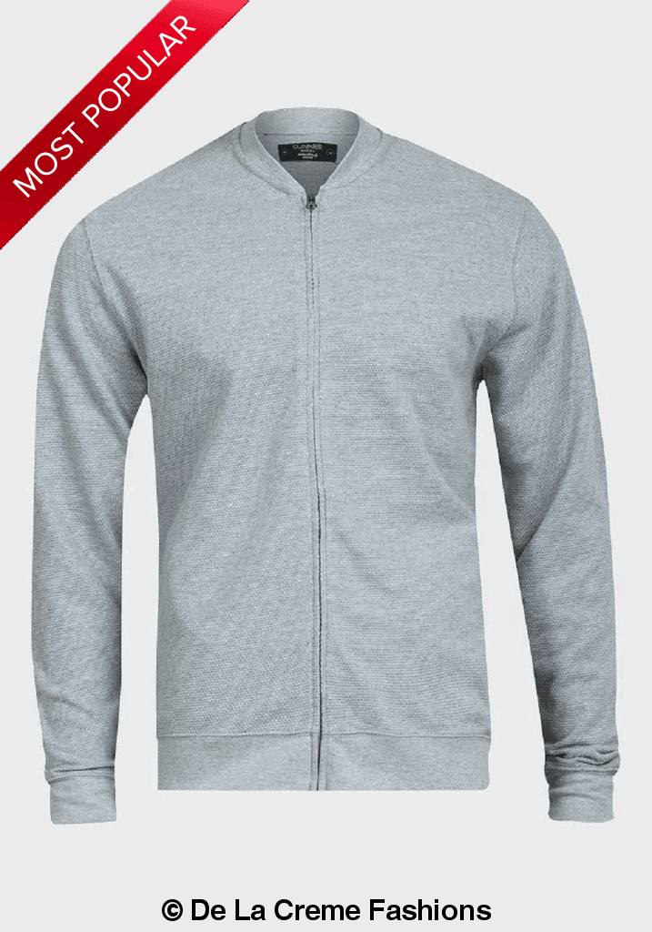 De La Creme MAN - Pique Grey Long Sleeve Zip-up Bomber Jacket - VirtuousWares:Global