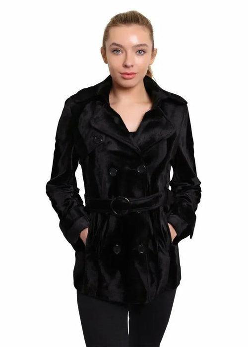 De La Creme - Women's Luxury Black Ponyskin Double Breasted Short Coat - VirtuousWares:Global