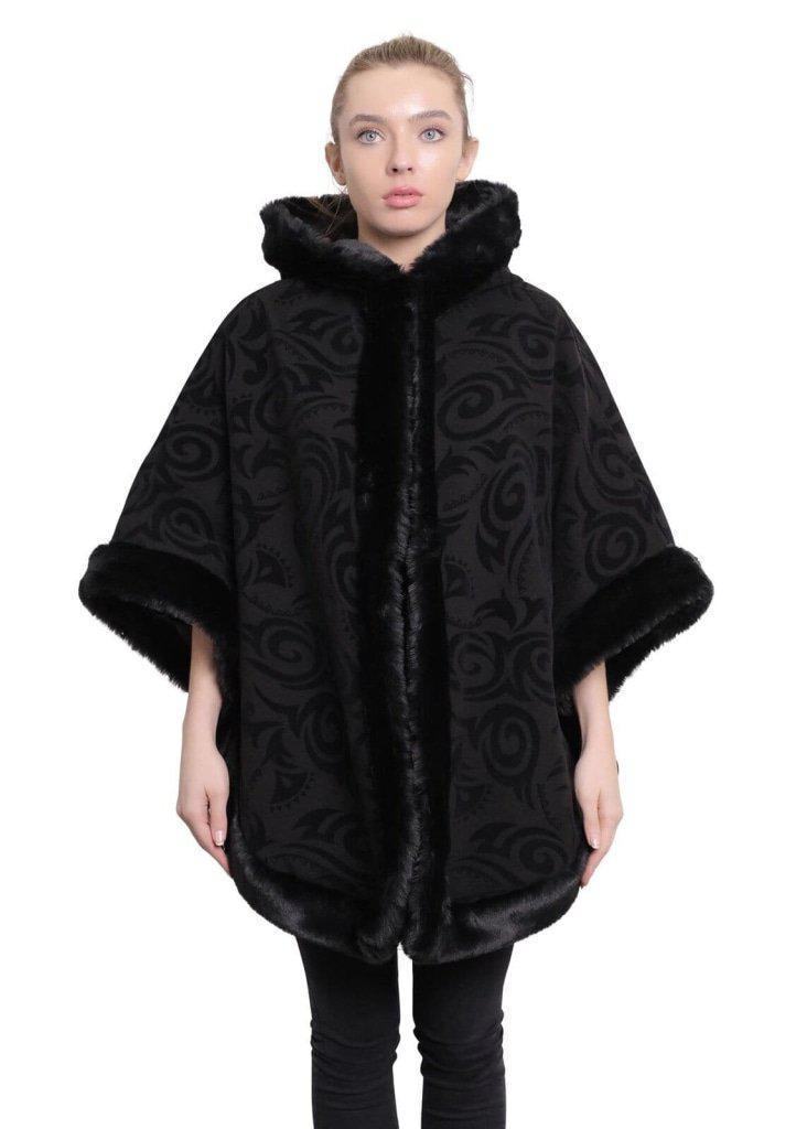 De La Creme - Women's Tribal Print Fur Lined Hooded Cape - VirtuousWares:Global