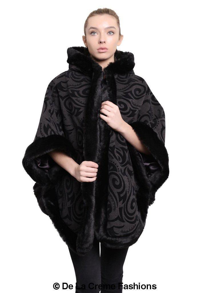 De La Creme - Women's Tribal Print Fur Lined Hooded Cape - VirtuousWares:Global