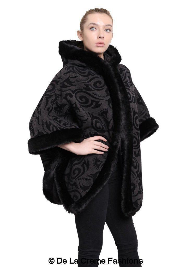 De La Creme - Women's Tribal Print Fur Lined Hooded Cape - VirtuousWares:Global
