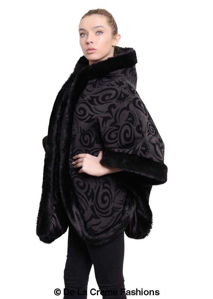 De La Creme - Women's Tribal Print Fur Lined Hooded Cape - VirtuousWares:Global
