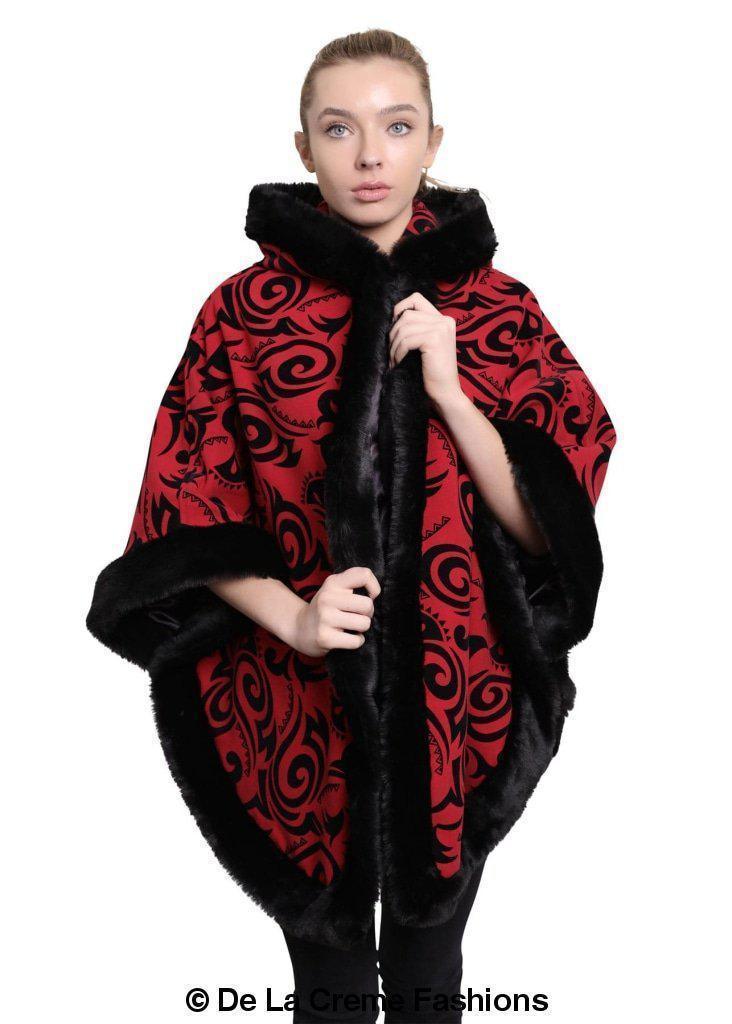 De La Creme - Women's Tribal Print Fur Lined Hooded Cape - VirtuousWares:Global