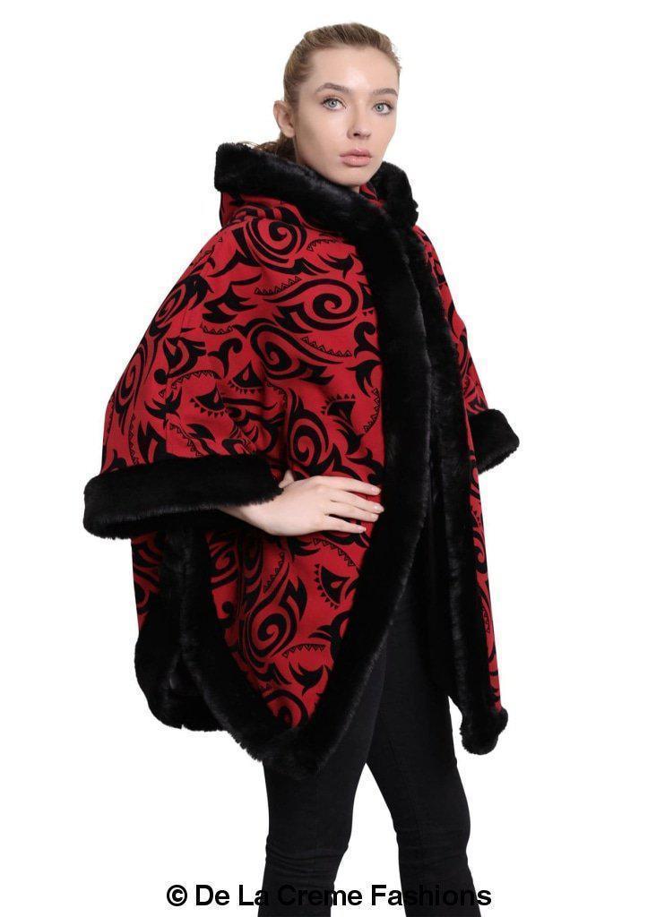 De La Creme - Women's Tribal Print Fur Lined Hooded Cape - VirtuousWares:Global