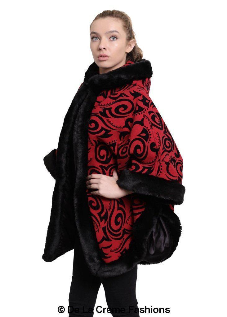 De La Creme - Women's Tribal Print Fur Lined Hooded Cape - VirtuousWares:Global