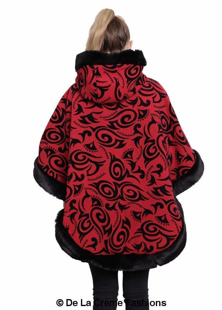 De La Creme - Women's Tribal Print Fur Lined Hooded Cape - VirtuousWares:Global