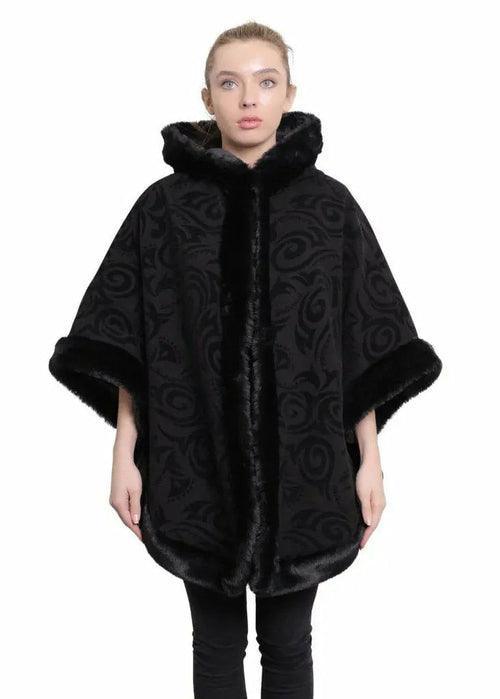 De La Creme - Women's Tribal Print Fur Lined Hooded Cape - VirtuousWares:Global
