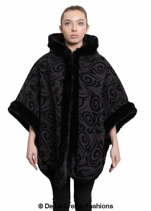 De La Creme - Women's Tribal Print Fur Lined Hooded Cape - VirtuousWares:Global