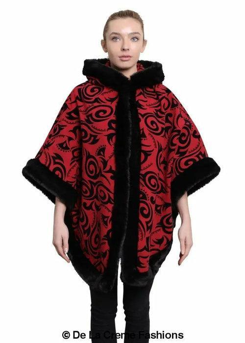 De La Creme - Women's Tribal Print Fur Lined Hooded Cape - VirtuousWares:Global