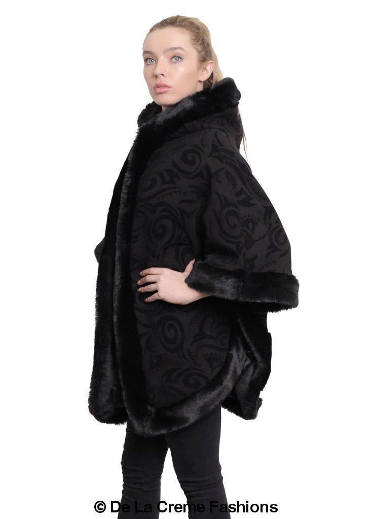 De La Creme - Women's Tribal Print Fur Lined Hooded Cape - VirtuousWares:Global