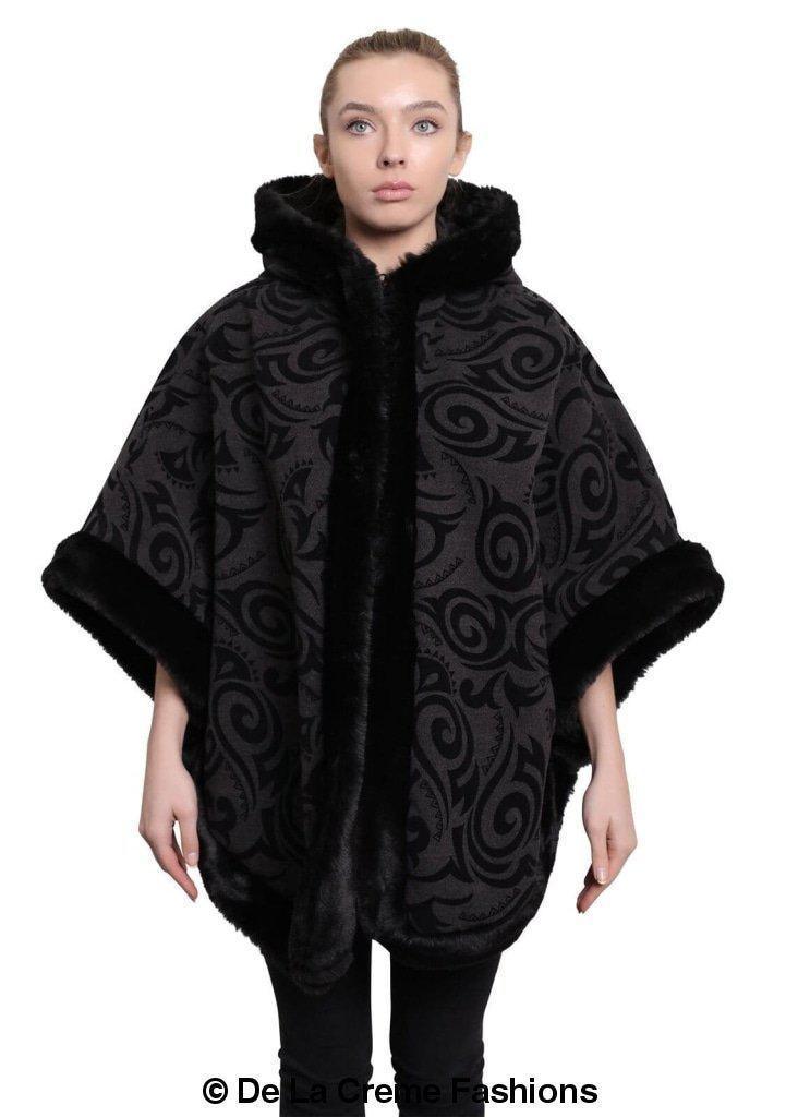 De La Creme - Women's Tribal Print Fur Lined Hooded Cape - VirtuousWares:Global