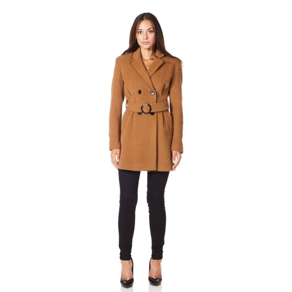 De La Creme - Womens Camel Textured Short Belted Coat - VirtuousWares:Global