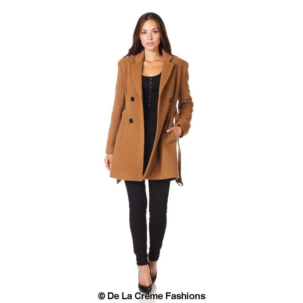 De La Creme - Womens Camel Textured Short Belted Coat - VirtuousWares:Global