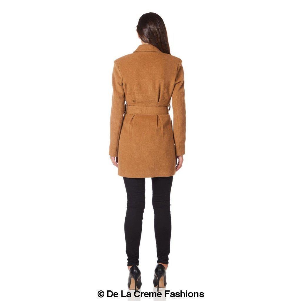 De La Creme - Womens Camel Textured Short Belted Coat - VirtuousWares:Global