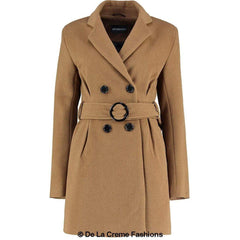 De La Creme - Womens Camel Textured Short Belted Coat - VirtuousWares:Global