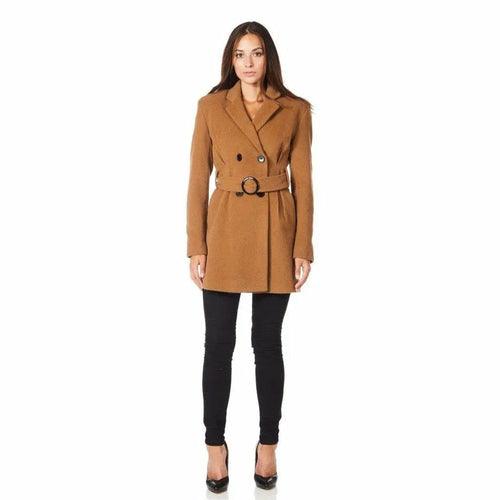 De La Creme - Womens Camel Textured Short Belted Coat - VirtuousWares:Global