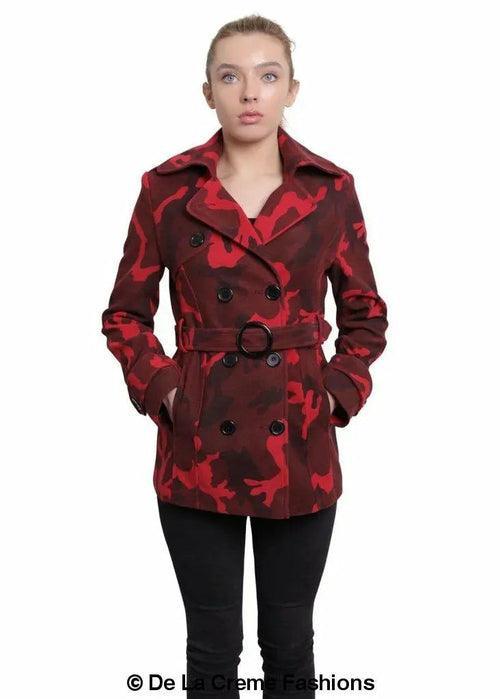 De La Creme - Womens Camo Print Double Breasted Short Coat - VirtuousWares:Global