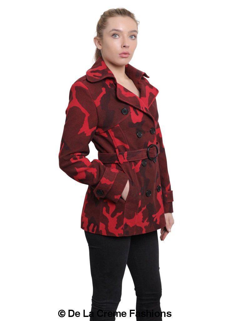 De La Creme - Womens Camo Print Double Breasted Short Coat - VirtuousWares:Global