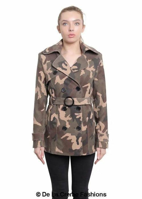 De La Creme - Womens Camo Print Double Breasted Short Coat - VirtuousWares:Global