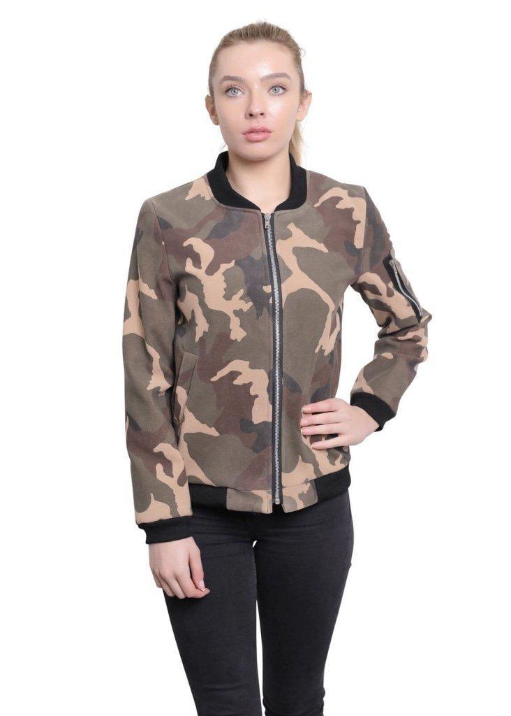 De La Creme - Womens Camo Zip-Thru Varsity Bomber Jacket - VirtuousWares:Global