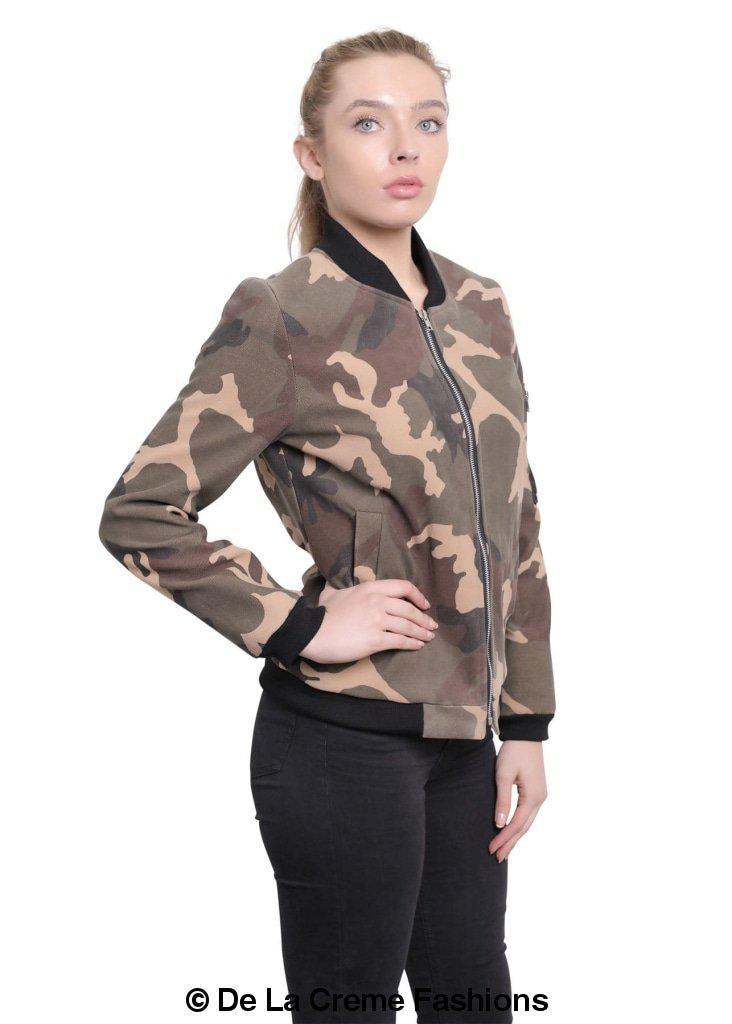 De La Creme - Womens Camo Zip-Thru Varsity Bomber Jacket - VirtuousWares:Global