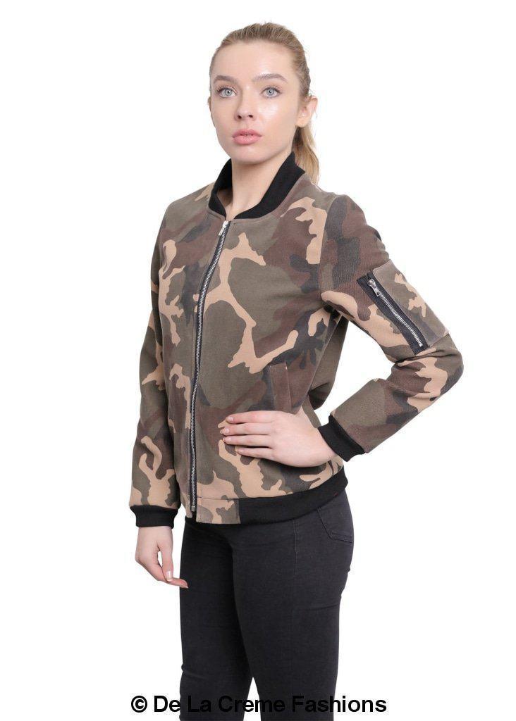 De La Creme - Womens Camo Zip-Thru Varsity Bomber Jacket - VirtuousWares:Global