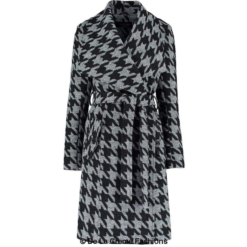 De La Creme - Womens Dogtooth Grey Duster Coat - VirtuousWares:Global