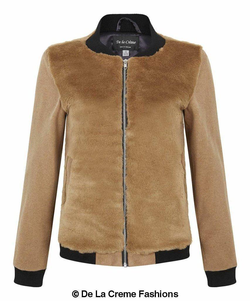 De La Creme - Womens Faux Fur Zip-Thru Varsity Bomber Jacket - VirtuousWares:Global