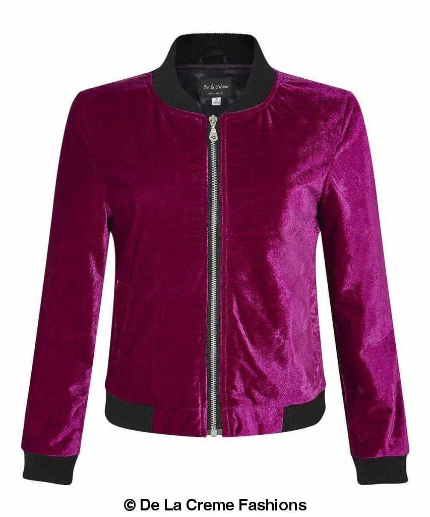 De La Creme - Womens Velvet Zip-Thru Varsity Bomber Jacket - VirtuousWares:Global