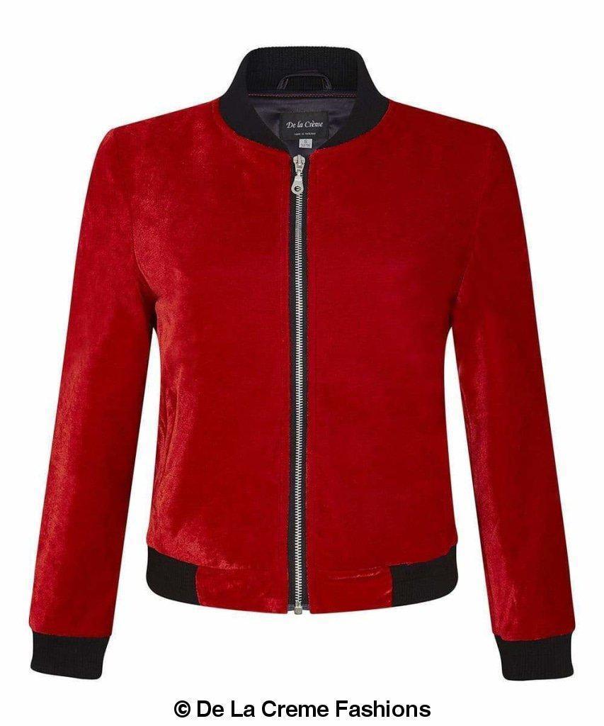 De La Creme - Womens Velvet Zip-Thru Varsity Bomber Jacket - VirtuousWares:Global