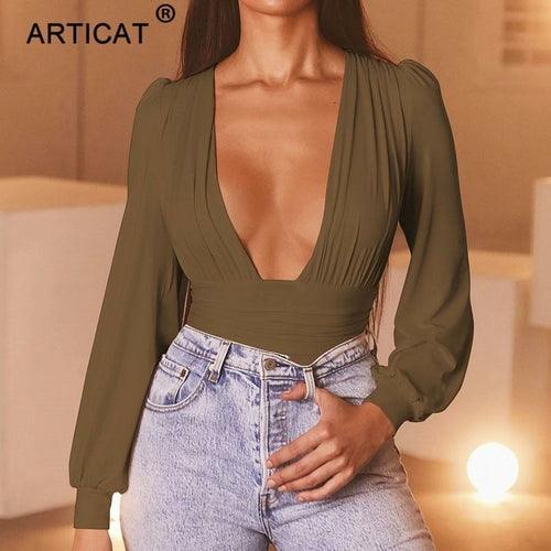 Deep V Neck Bodysuit Women Sexy Puff Sleeve Bodycon Jumpsuit - VirtuousWares:Global