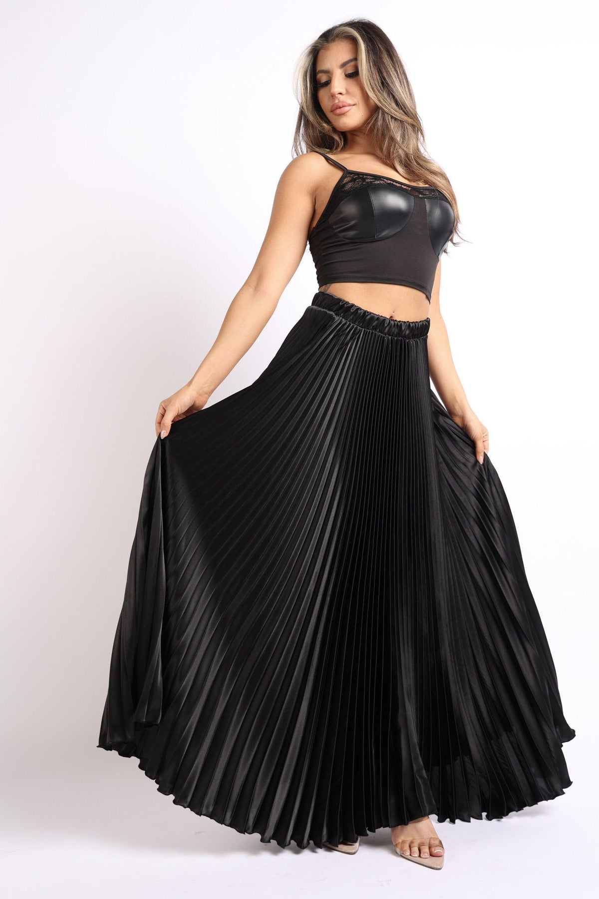 Elastic High Waist A-Line Pleated Satin Maxi Skirt Formal Prom BLACK - VirtuousWares:Global