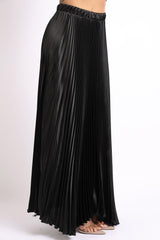 Elastic High Waist A-Line Pleated Satin Maxi Skirt Formal Prom BLACK - VirtuousWares:Global