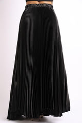 Elastic High Waist A-Line Pleated Satin Maxi Skirt Formal Prom BLACK - VirtuousWares:Global