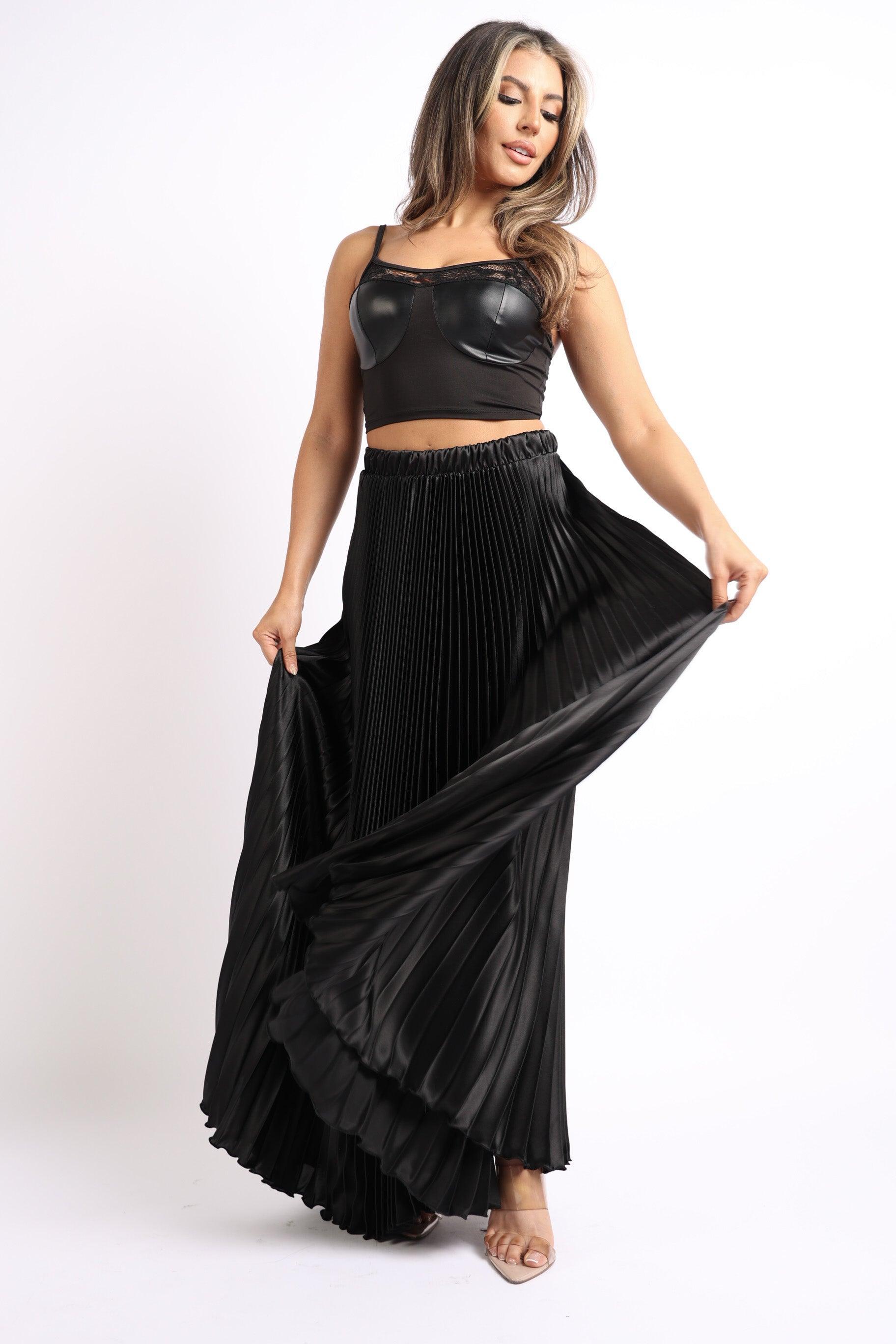 Elastic High Waist A-Line Pleated Satin Maxi Skirt Formal Prom BLACK - VirtuousWares:Global