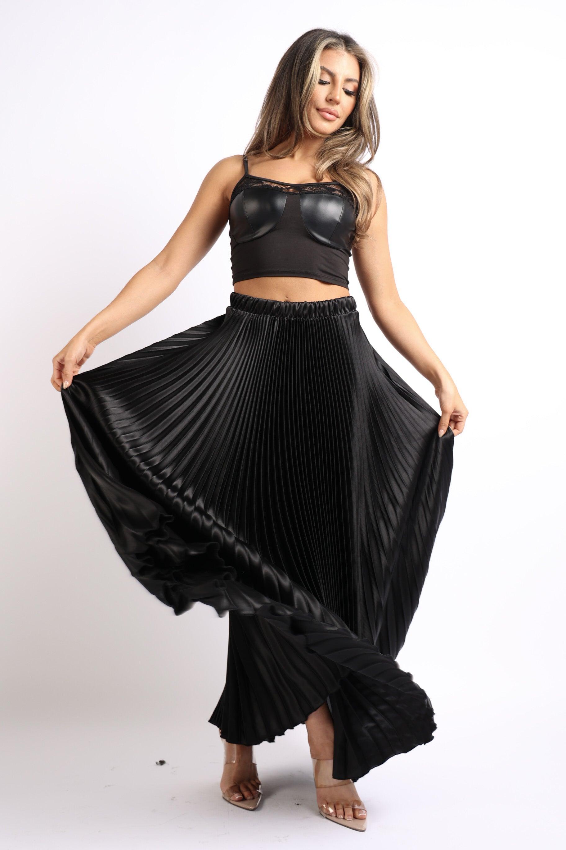 Elastic High Waist A-Line Pleated Satin Maxi Skirt Formal Prom BLACK - VirtuousWares:Global