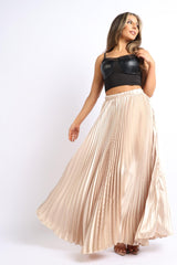 Elastic High Waist A-Line Pleated Satin Maxi Skirt Formal Prom TAUPE - VirtuousWares:Global