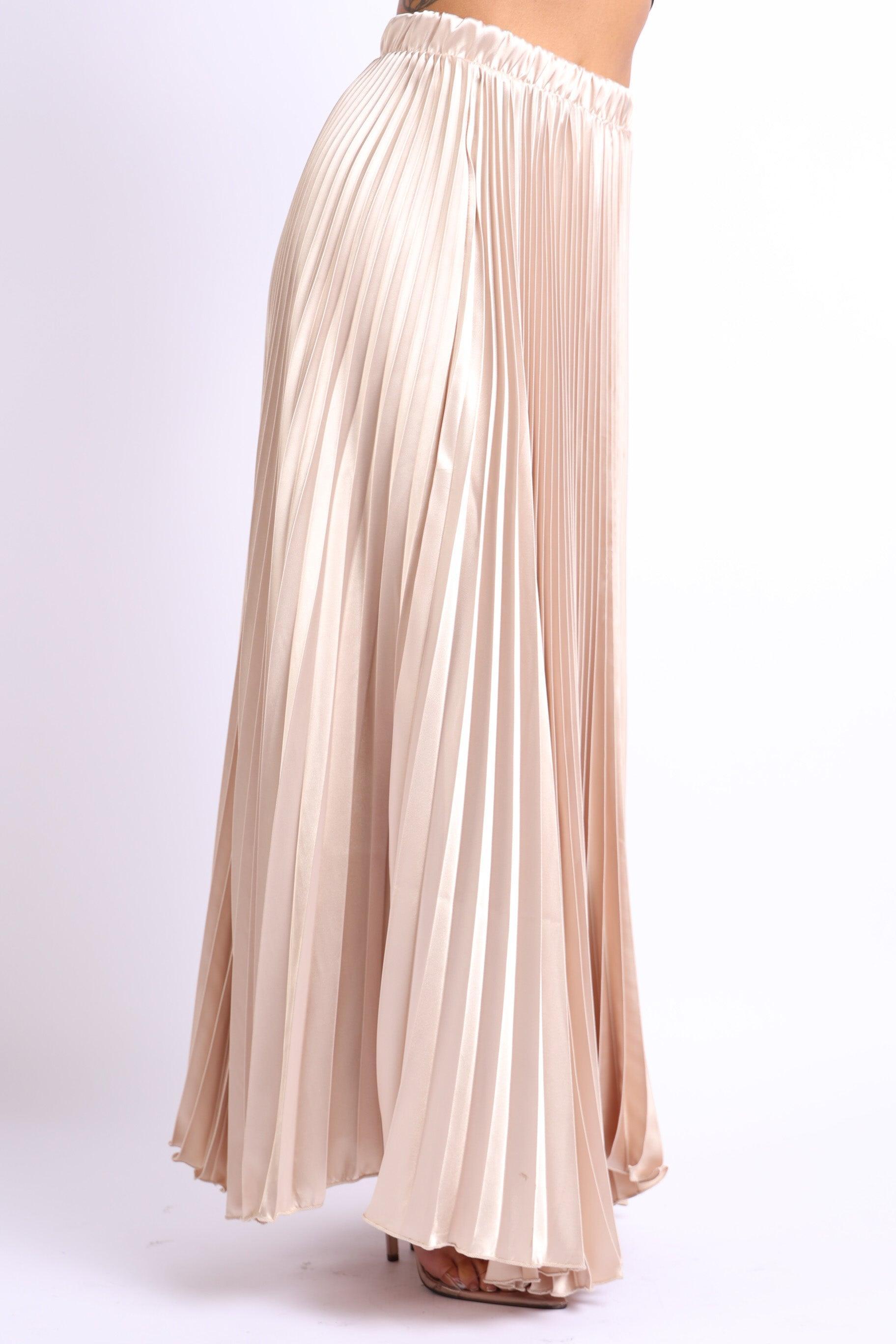 Elastic High Waist A-Line Pleated Satin Maxi Skirt Formal Prom TAUPE - VirtuousWares:Global