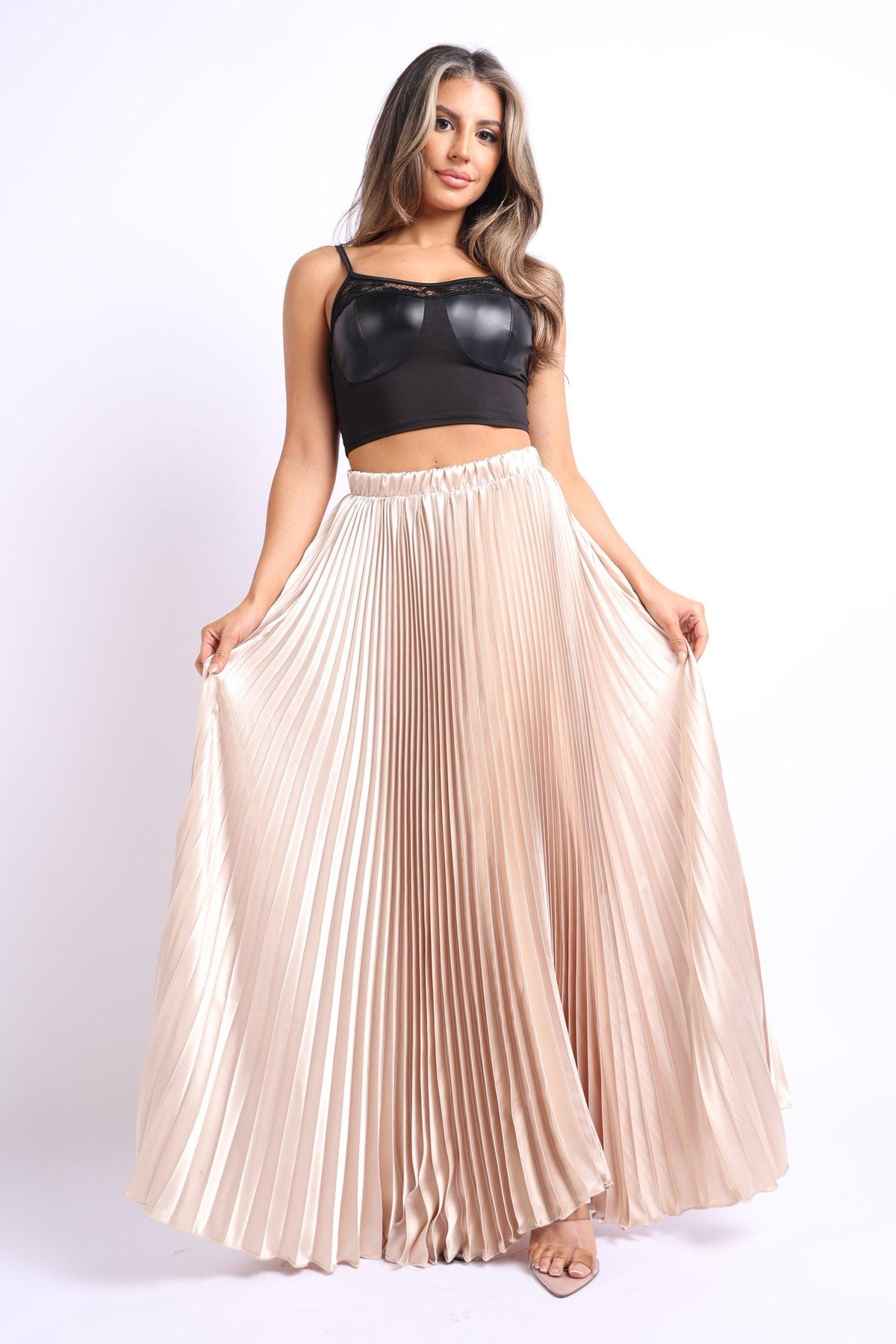 Elastic High Waist A-Line Pleated Satin Maxi Skirt TAUPE - VirtuousWares:Global