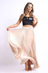 Elastic High Waist A-Line Pleated Satin Maxi Skirt TAUPE - VirtuousWares:Global