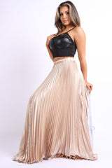 Elastic High Waist A-Line Pleated Satin Maxi Skirt TAUPE - VirtuousWares:Global