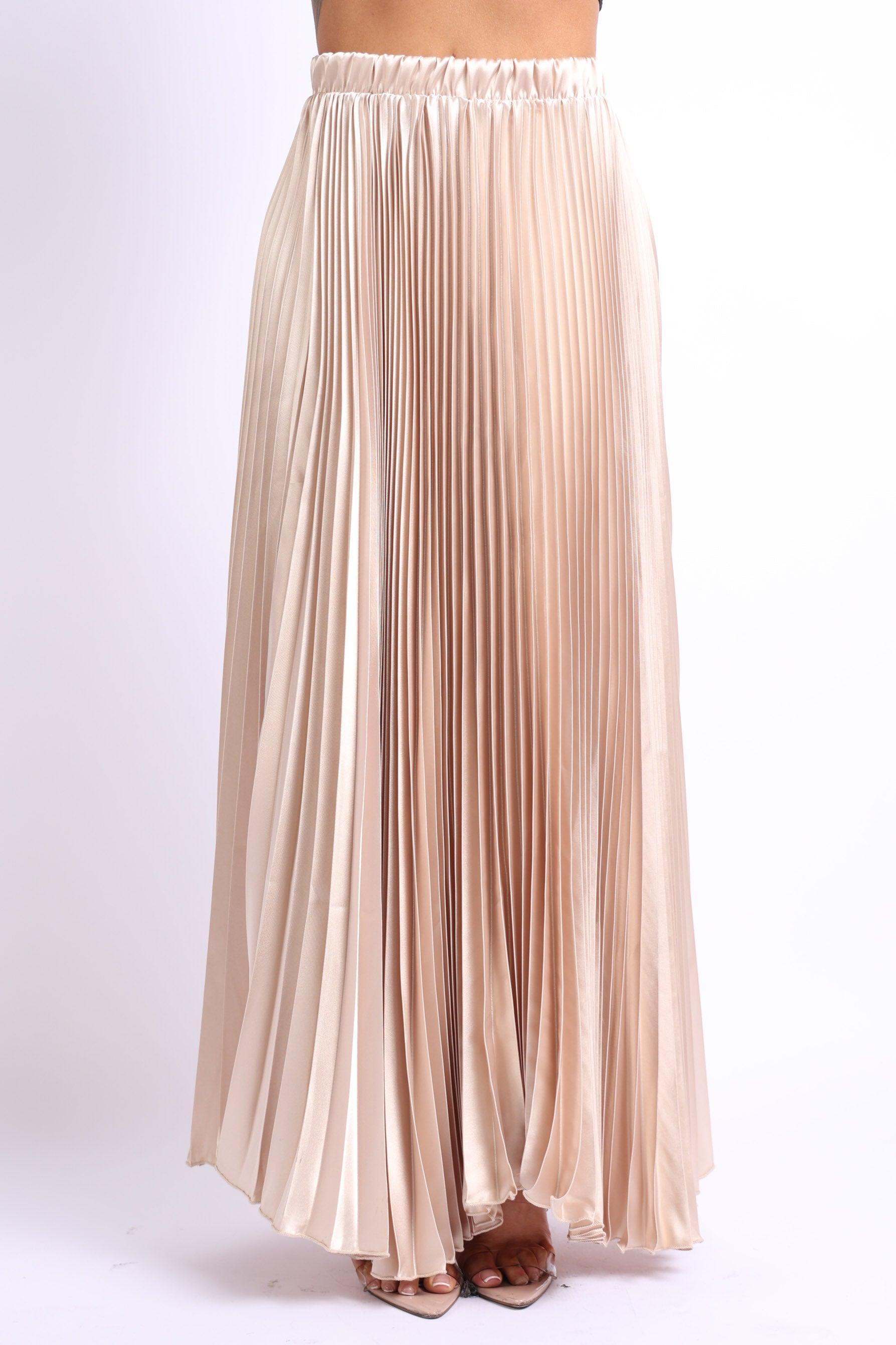 Elastic High Waist A-Line Pleated Satin Maxi Skirt TAUPE - VirtuousWares:Global