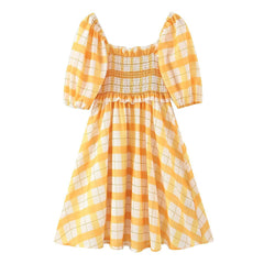 Elegant Square Neck Plaid Print Cotton Mini Dresses Women - VirtuousWares:Global