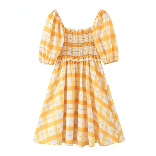 Elegant Square Neck Plaid Print Cotton Mini Dresses Women - VirtuousWares:Global