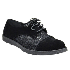 Embroidered Flower Lace Up Oxford Flats Black Shoes For Women - VirtuousWares:Global