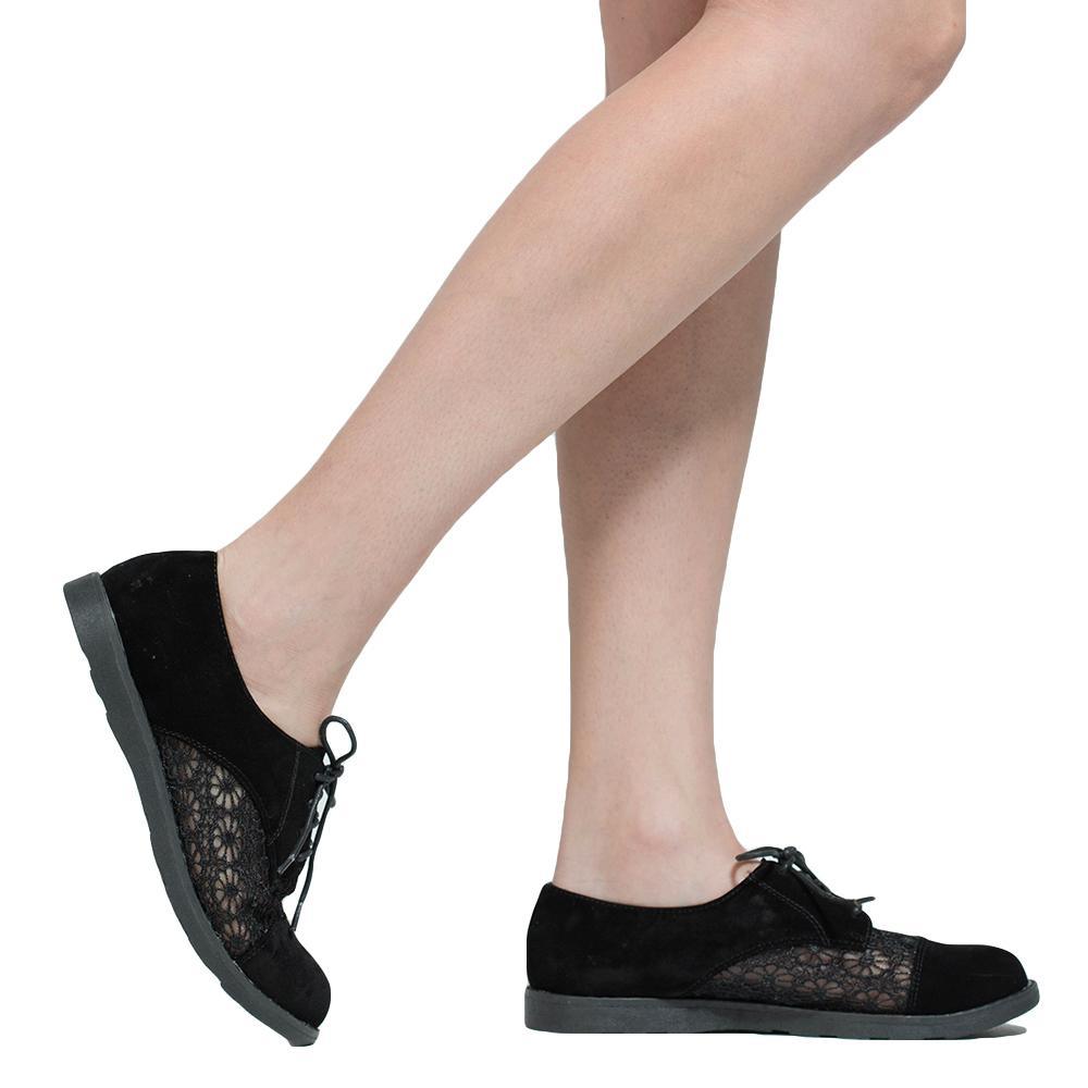 Embroidered Flower Lace Up Oxford Flats Black Shoes For Women - VirtuousWares:Global