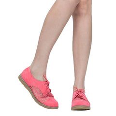 Embroidered Flower Lace Up Oxford Flats Pink Shoes For Women - VirtuousWares:Global